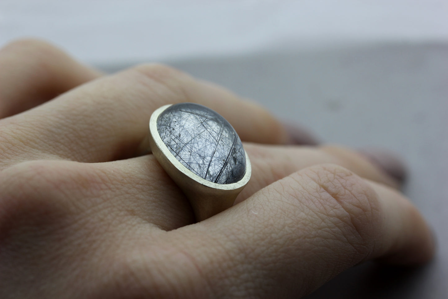 Large Tourmalated Quartz Cabochon Ring